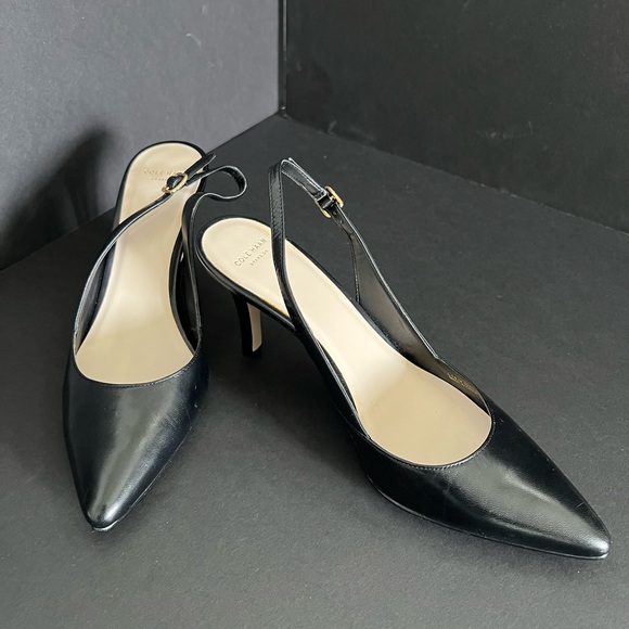 Cole Haan Black Leather Slingback Heels - Picture 2 of 9